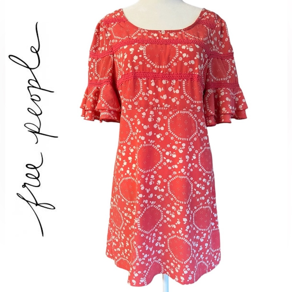 FREE PEOPLE Coral Geo Garden Shift Dress Size 6 Ruffle Sleeve Boho Floral‎ Pink